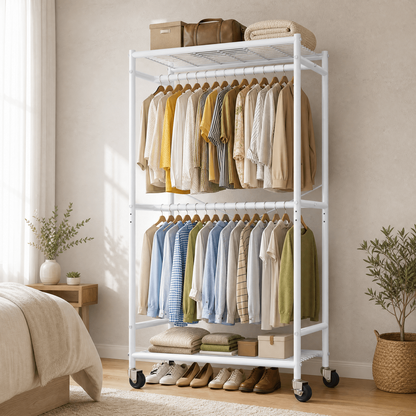 melmine Rolling Clothes Rack with Wheels 35 Heavy Duty Garment Rack Small Space Closet Solution with Double Hanging Rods & Storage Shelves Freestanding Closet Organizer for Bedroom Dorm Laundry Whit