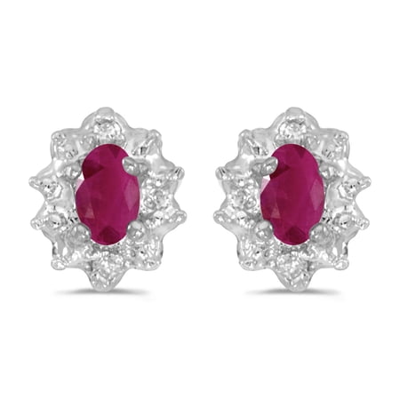 10k White Gold Oval Ruby And Diamond Earrings
