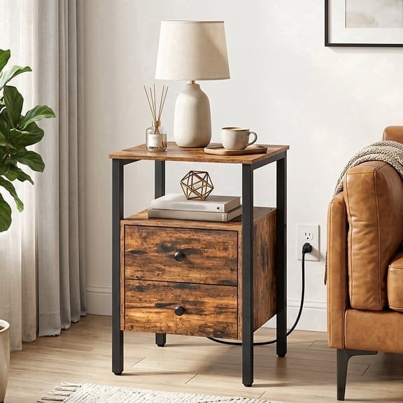 HOOBRO Nightstand 2-Drawer and Power Outlets 1-Pack Rustic Brown