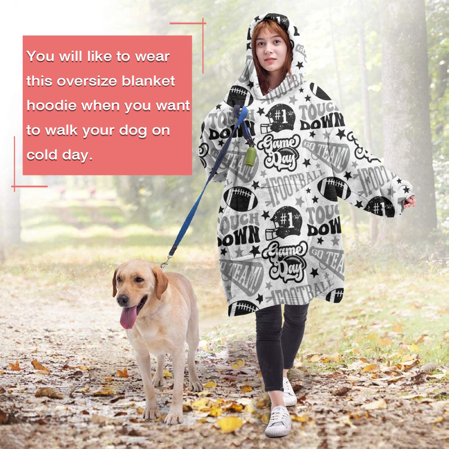 Football Words Pattern Wearable Oversized Blanket,Wearable Blanket Hoodie for Adults,Cozy Hooded Blankets with Super Pockets,Super Warm Fuzzy Pullover for Women & Men