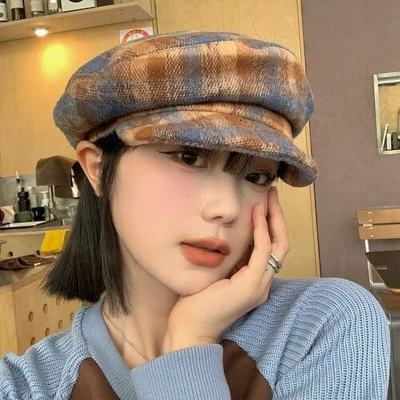 SikaFu New Retro Plaid Beret Women's Autumn and Winter British Temperament Woolen Painter Hat Street Warm Military Hats