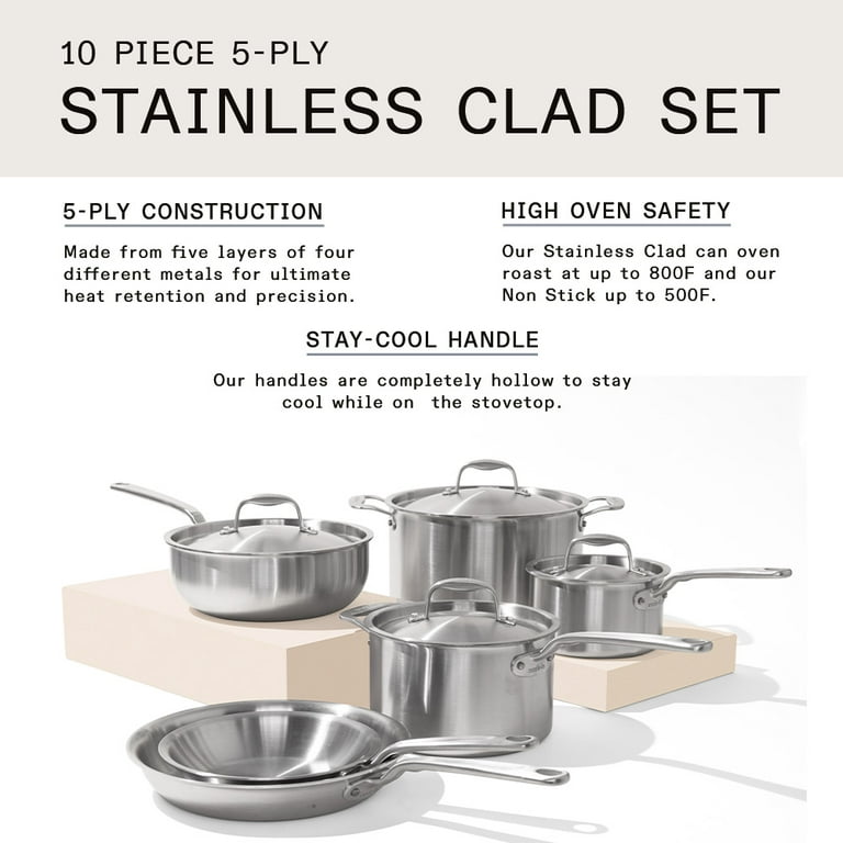 Made In Cookware - 10 Pc Stainless Steel Pot Pan Set - 5 Ply Clad 