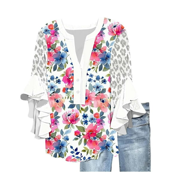 GERsome Womens 3/4 Ruffle Sleeve T-Shirts Summer Button Down V Neck Loose Fit Blouses Casual Floral Print Tunic Tops, Sizes S-2XL