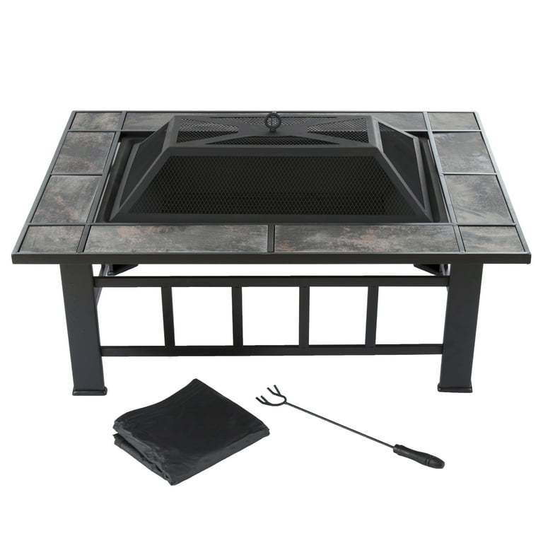 Fire Pit Set, Wood Burning Pit - Includes Screen, Cover and Log Poker - Great for Outdoor and Patio, 30 inch Square Marble Tile Firepit by Pure Garden Fire Pit Set, Wood Burning Pit - Includes Screen, Cover and Log Poker - Great for Outdoor and Patio, 30 inch Square Marble Tile Firepit by Pure Garden