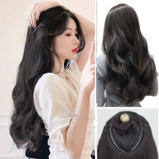 Peluca de mujer de una sola pieza de cabello largo y rizado en forma de U mejorada en forma de V esponjosa invisible peluca de cabello largo y liso