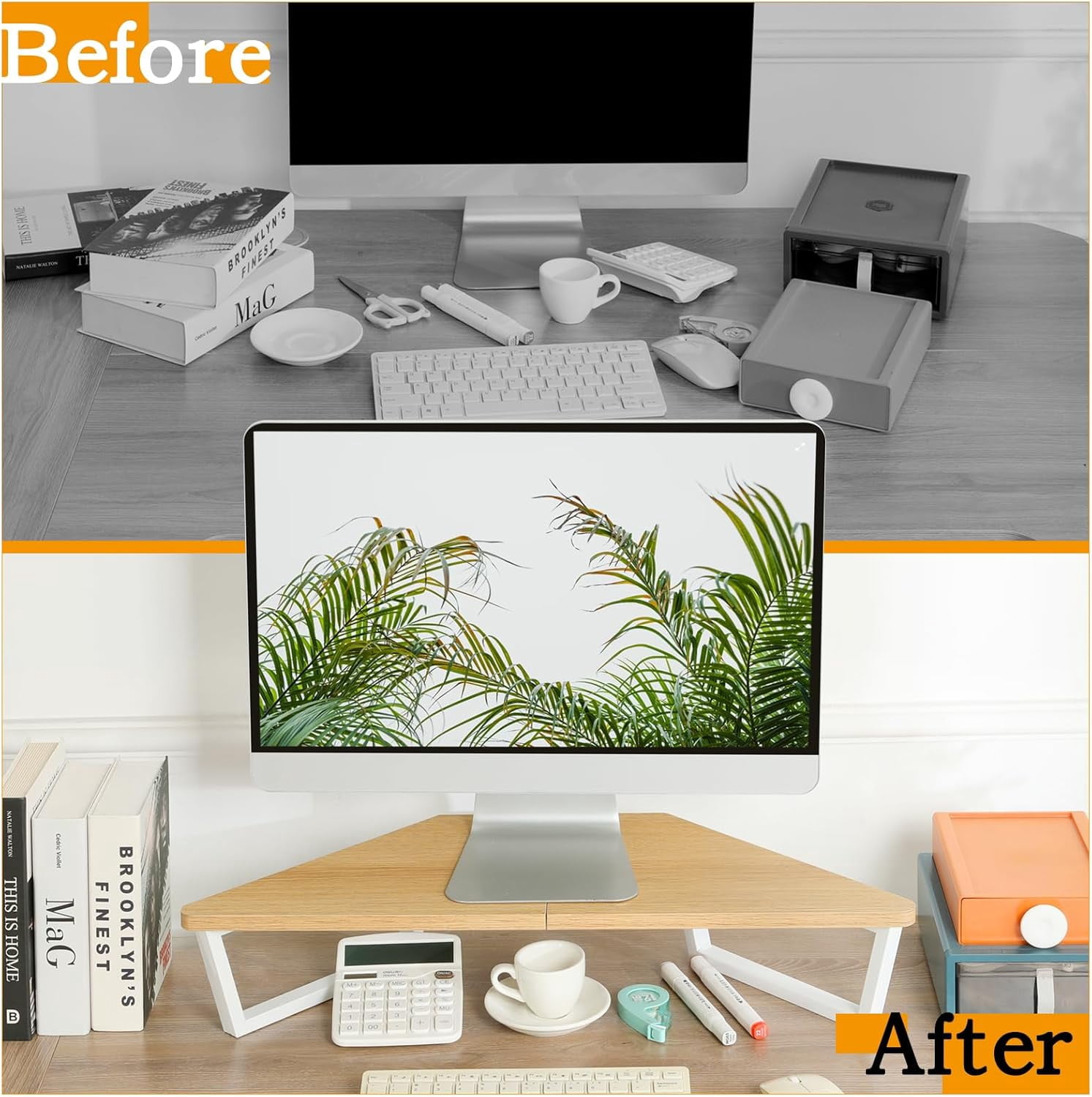 26 inch Triangle Monitor Stand Riser, Desktop Corner Stand with Metal Leg Wood Computer Stand with Storage Laptop Riser Office Organization (Maple)