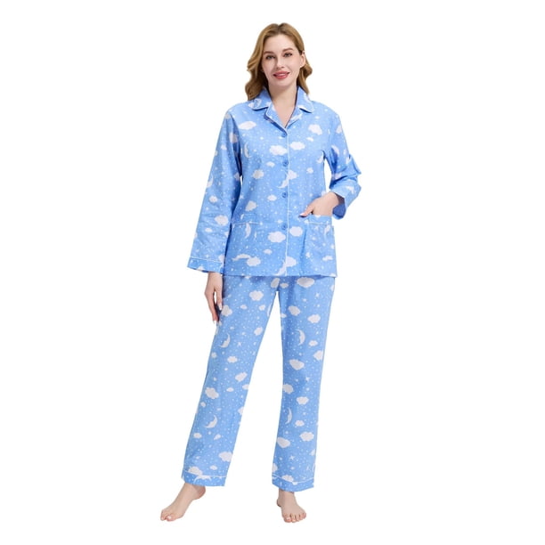 Apparonia Conjuntos de Pijama para Mujer Ropa de Dormir de Algodón Camisa de Manga Larga con Botones Al Frente y Pantalón Ropa de Dormir Cuello con Solapa Pijamas Conjuntos para Estar en Casa Noche S