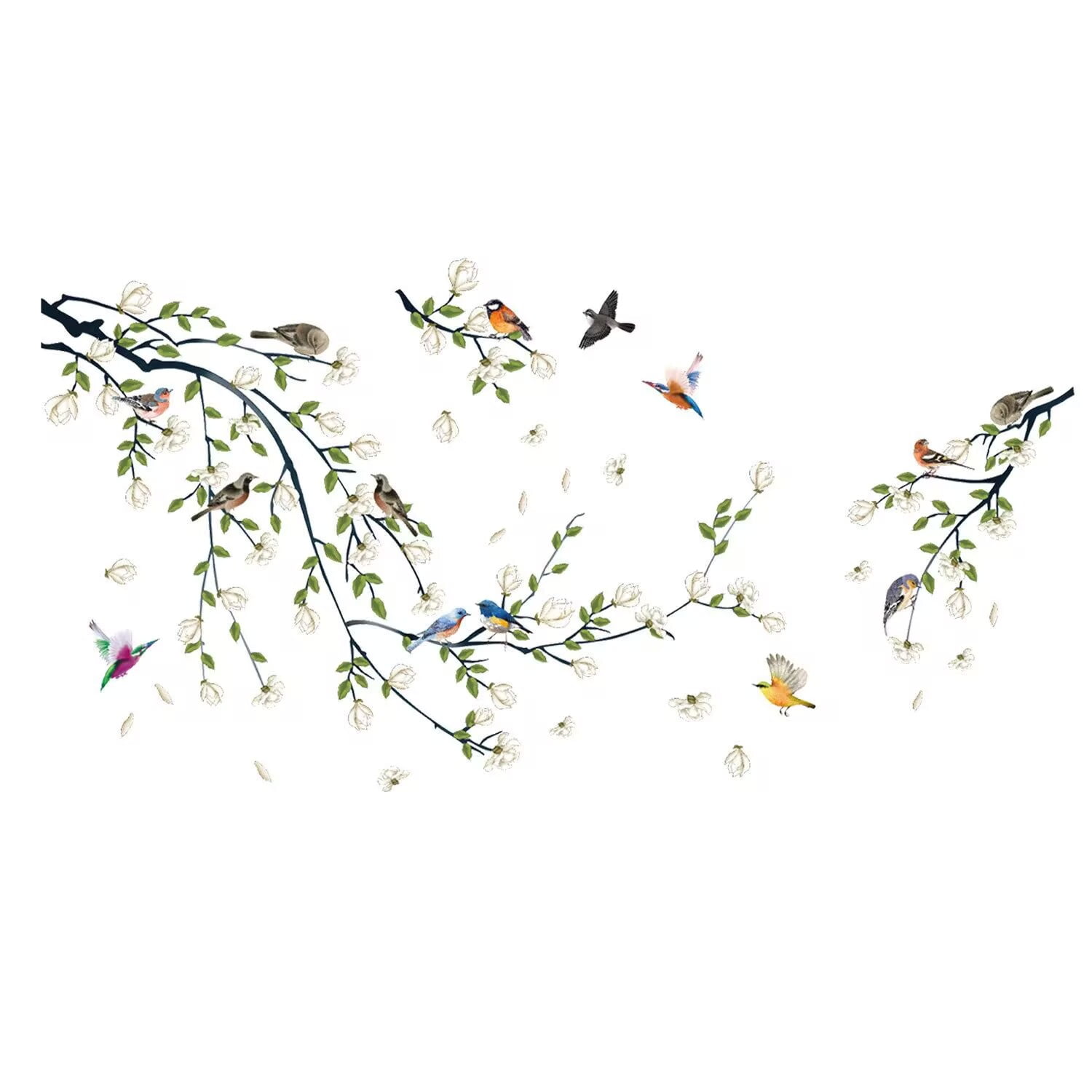 4 Sheets Magnolia Branches Wall Decals White Flowers Wall Stickers DIY Removable Colorful Birds Wall Sticker Petals Falling Home Decoration for Girls Bedroom Living Room Kitchen Bathroom TV Backgroun
