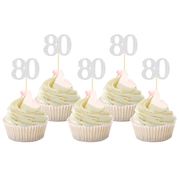 Cupcake Toppers Sotpot para 80 cumpleaños, 80 años, 30 unidades, color plateado