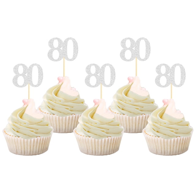 Cupcake Toppers Sotpot para 80 cumpleaños, 80 años, 30 unidades, color plateado