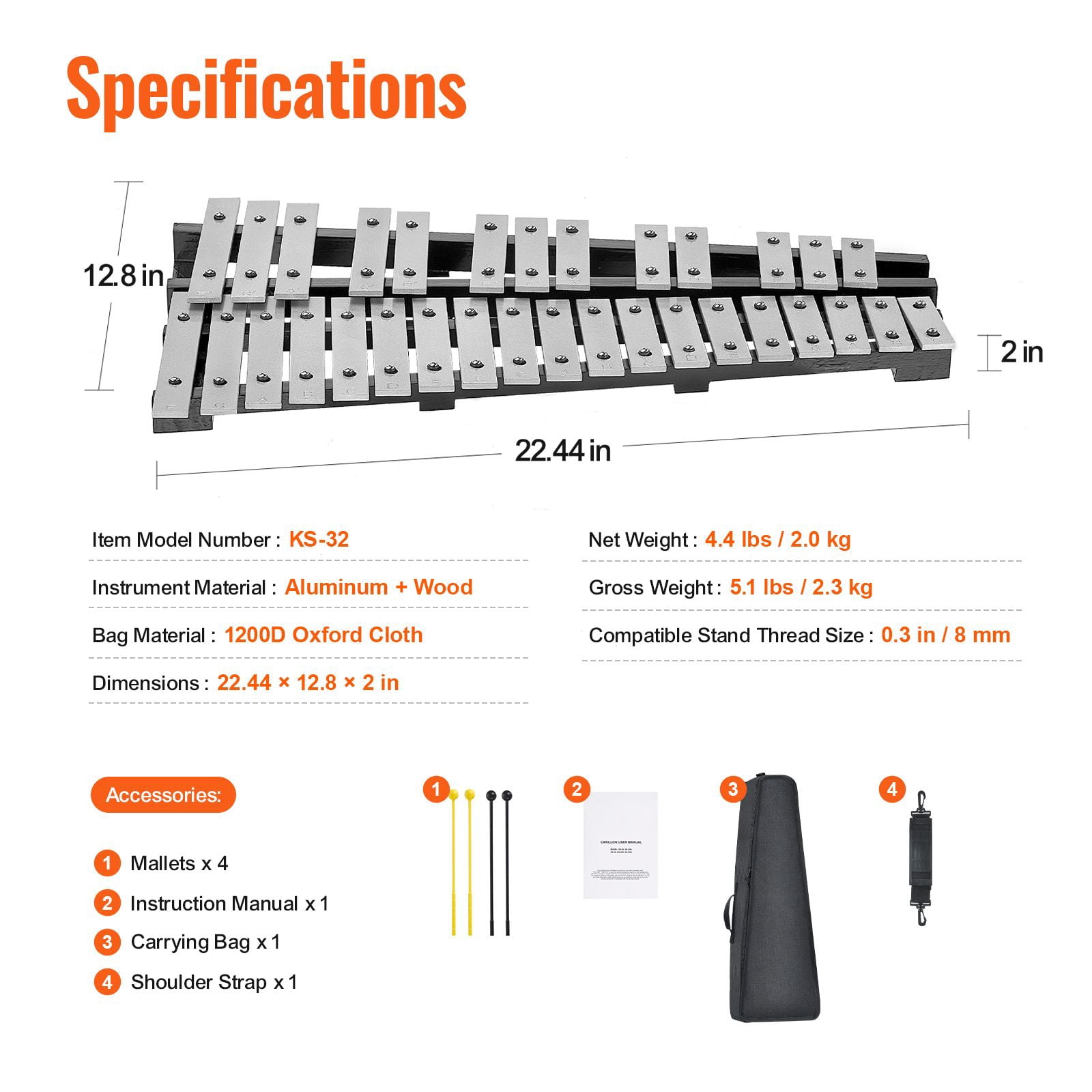 32 Note Glockenspiel Xylophone Bell Kit, Percussion Instrument with Mallets, Drum Sticks and Carrying Bag, Professional Glockenspiel Xylophone Percussion Instrument Set for Adults & Students