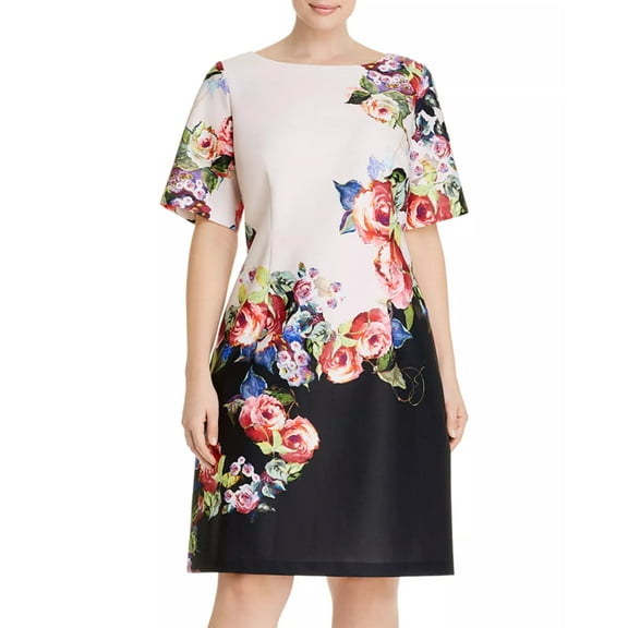 Adrianna Papell Boat Neck Short Sleeve Bodycon Zipper Back Floral Print Jersey Dress-BLACK MULTI / 0