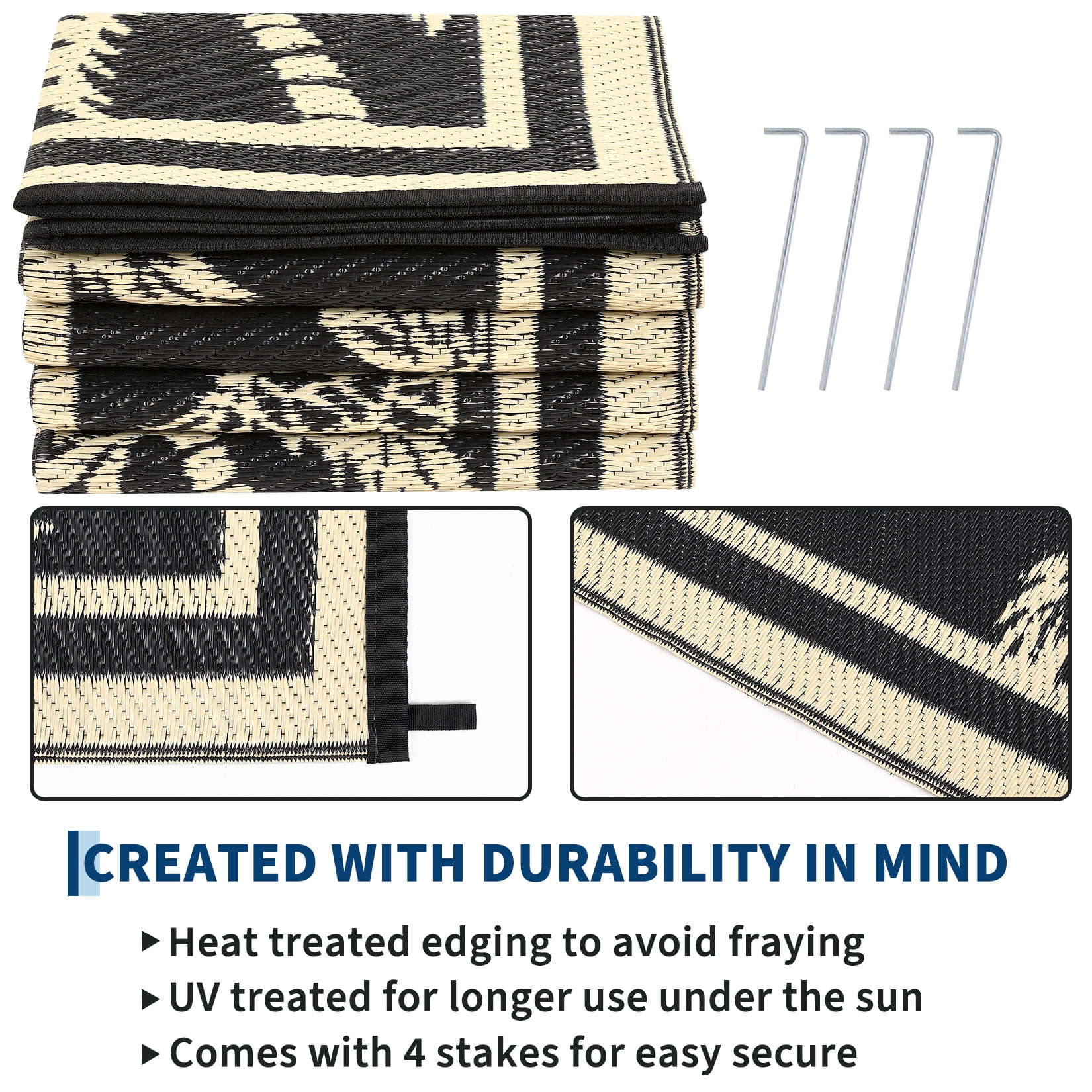 Nanan 9'x12' Outdoor Rug, Waterproof Reversible Patio Rug, Portable Foldable Floor Cover for Camping, Picnic, Beach, Deck, Backyard, Black Coffee