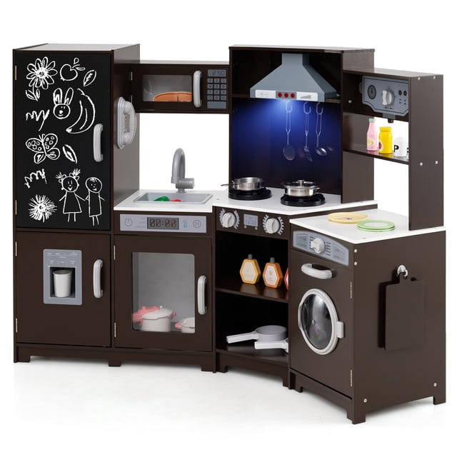 Gymax Corner Kids Play Kitchen Wooden Pretend Toy Kitchen w/ Realistic Lights Brown