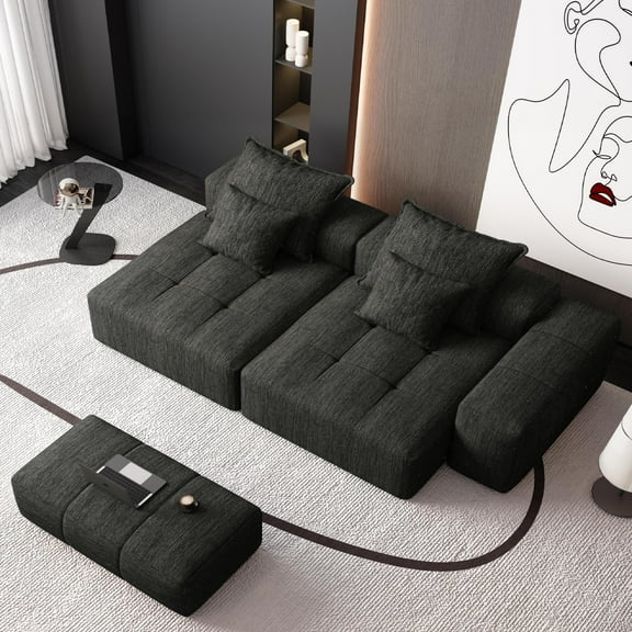 Modern Oversized Modular Sectional Sofa with 2 Chaise Lounge and 2 Armrest,Sparkling Chenille Fabric Soft Cushion Sofa with 4 Pillows,4 Pcs Diy Combination Tufted Sofa,No Assembly Required (Black)