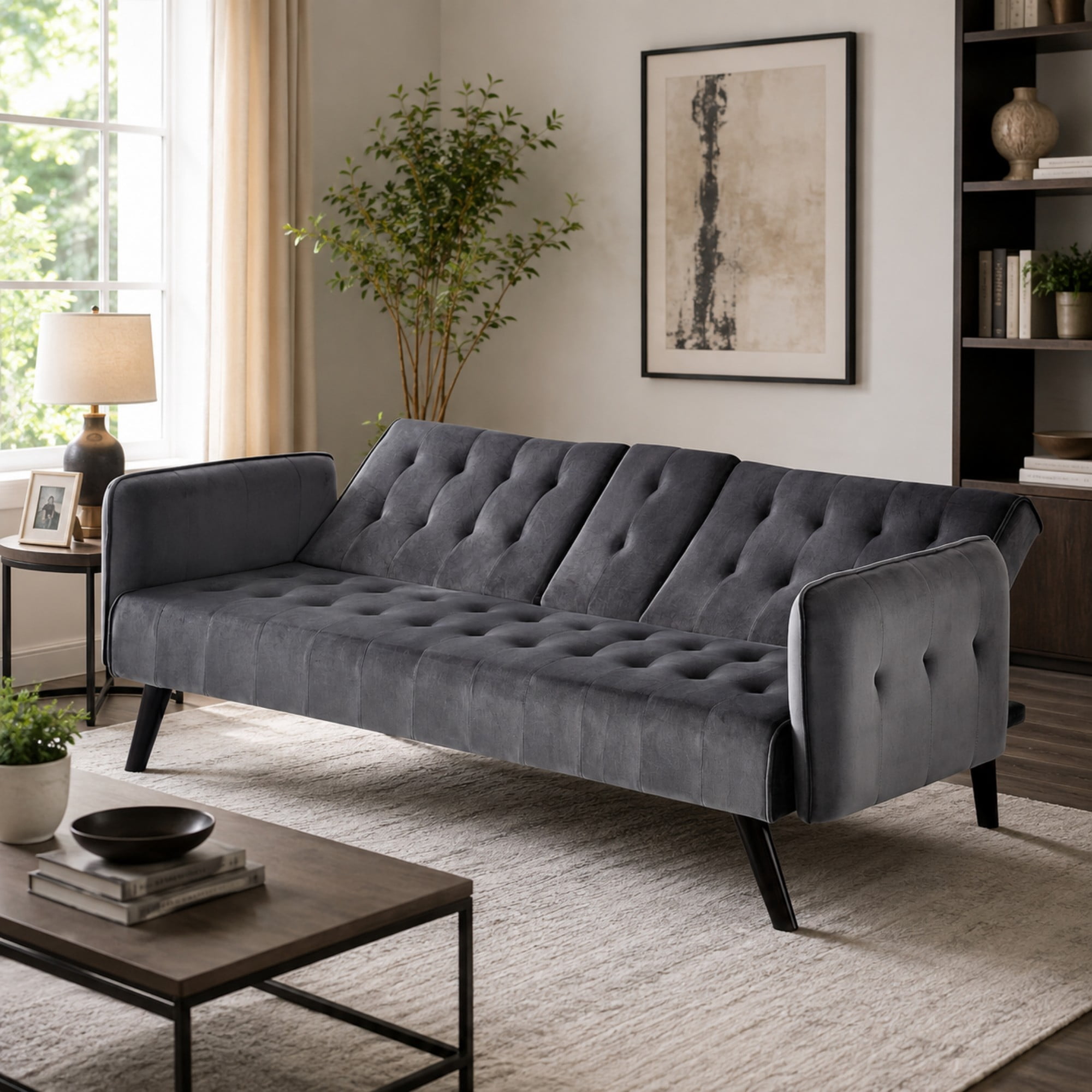 BSHTI 72" Linen Sleeper Sofa Bed with Folding Backrest,Adjustable Back,Drop-Down Table with Cup Holder for Living Room（Dark Gray）