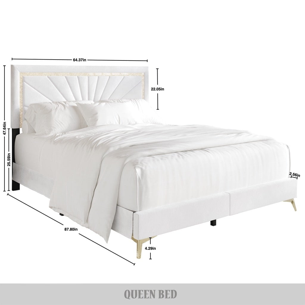 Castle Place Luxurious Diamond Strip Velvet Upholstered Bed White, Queen