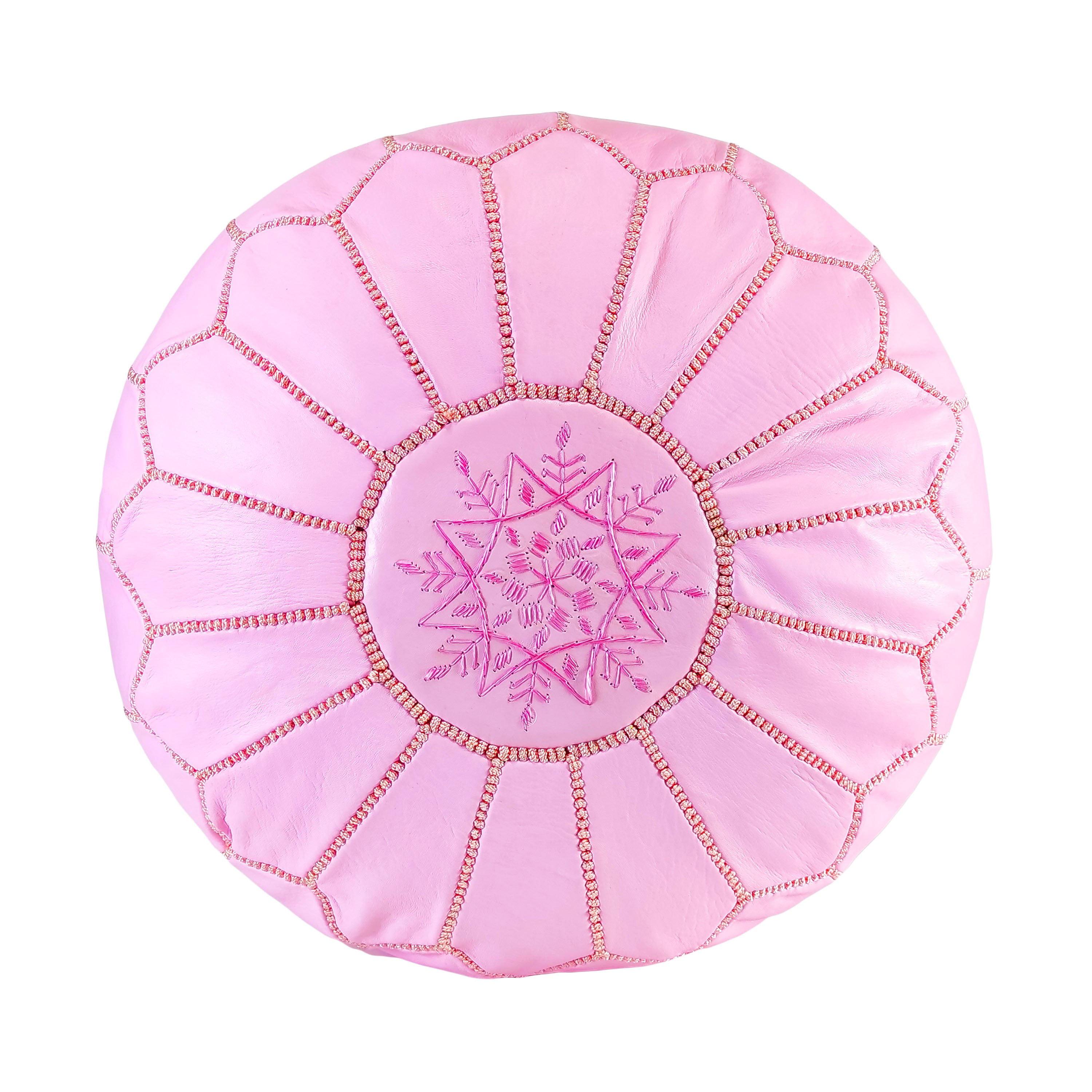Handcrafted Round Pink Genuine Leather Pouf Ottoman