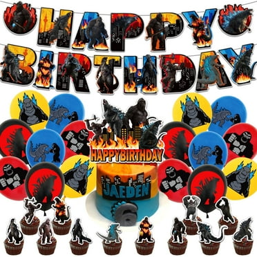 PUMPUMP Godzilla Birthday Decorations, 44 Pcs King of the Monster Movie Theme Party Supplies Include Happy Birthday Banner, Cake Topper, Cupcake Toppers, Balloons for Kids Boys Party Decorations