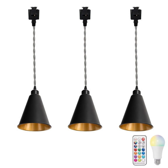 KAYYELAMP Set of Three Black Metal Cone Shade Inner Gold Track Lighting J-Type 11.8 Inches Black Cord Remote RGB Warm Light Vintage Track Lamp for Kitchen Dining Table Loft