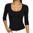 thumbnail image 2 of Yeaiivve Women Ribbed Knit Shirts 3/4 Sleeve Scoop Neck Tunic Tops Casual Solid Basic Layerwear Daily Wear Knitted Shirts Fall Cozy Warm Undershirts S Black, 2 of 7