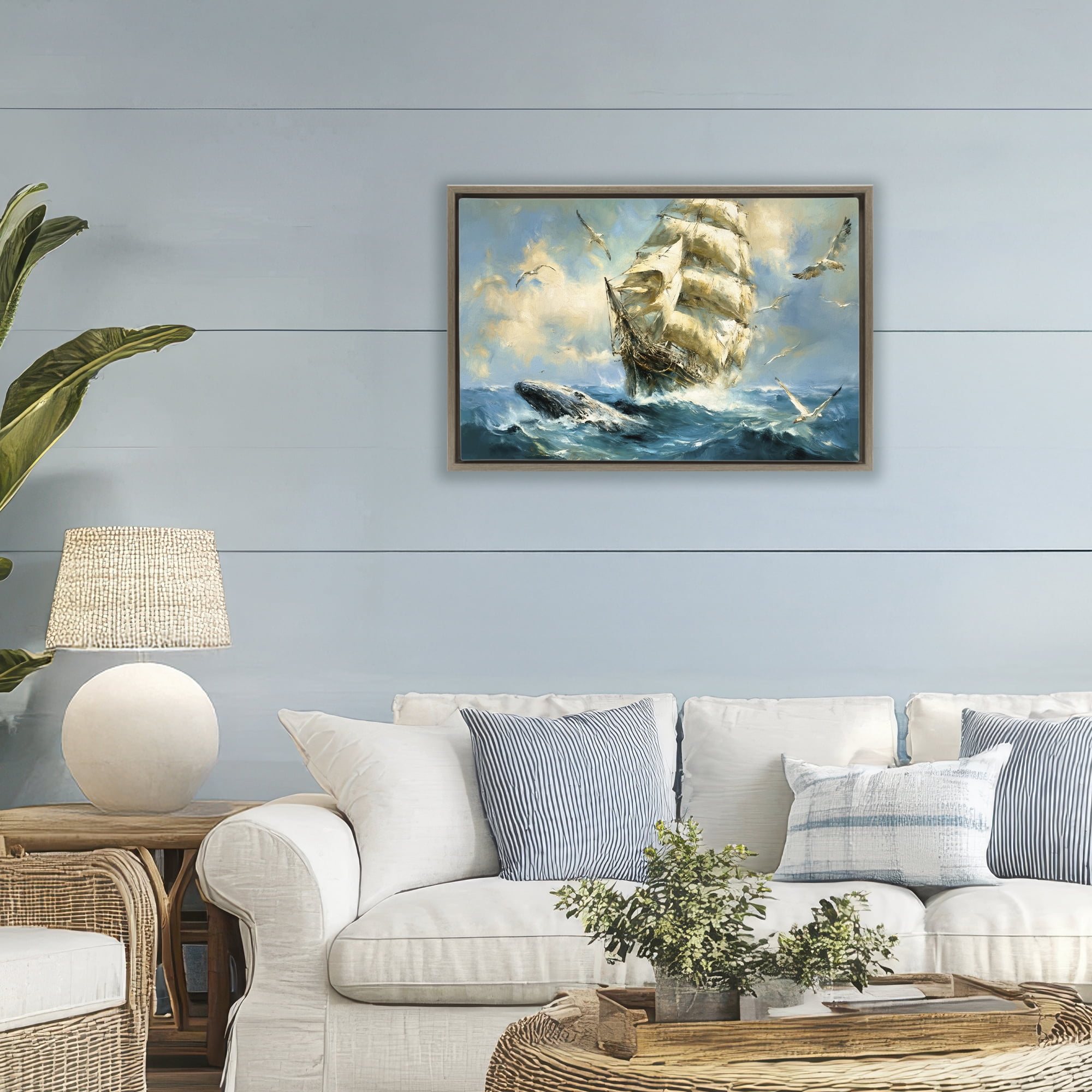 Stupell Industries Clipper Ship & The Whale Brown Framed Floater Canvas Wall Art, design by Tina LeCour