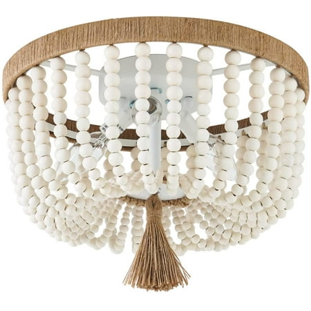 

HJY Bohemia Wood Beaded Flush Mount Ceiling Light Antique Rustic Mini Chandelier White Finishing for Bedroom Kitchen Island Girl Room 3-Light