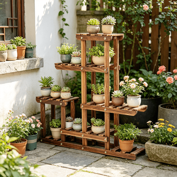 Solid Pine Wood Plant Stand Flower Succulent Plants Display Garden Shelf,23.6x4.5x24.2 inch