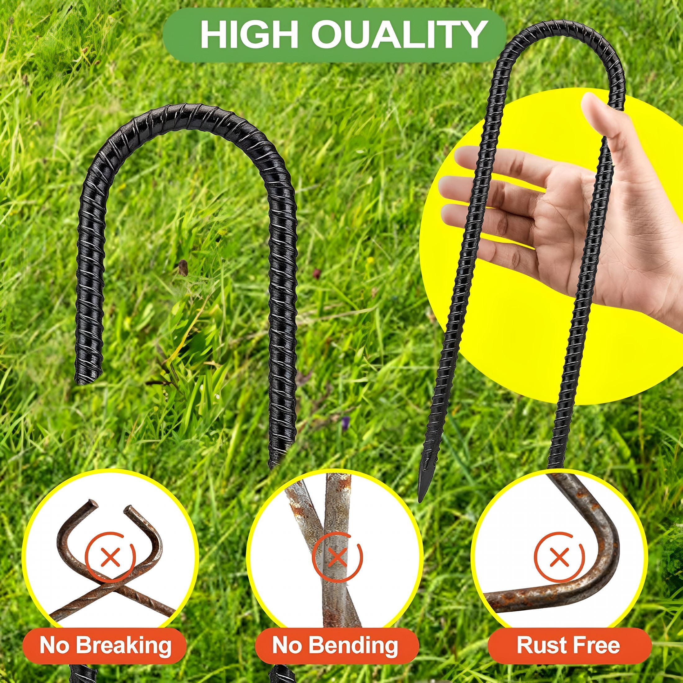 ZHZFKQ 12 Inch 8 Pack Trampoline Stakes Ground Stakes Heavy Duty Ground Anchors Rebar Stakes Garden Stakes U Hook Galvanized Steel Tent Stakes,For Camping Tents Soccer Goals,Black