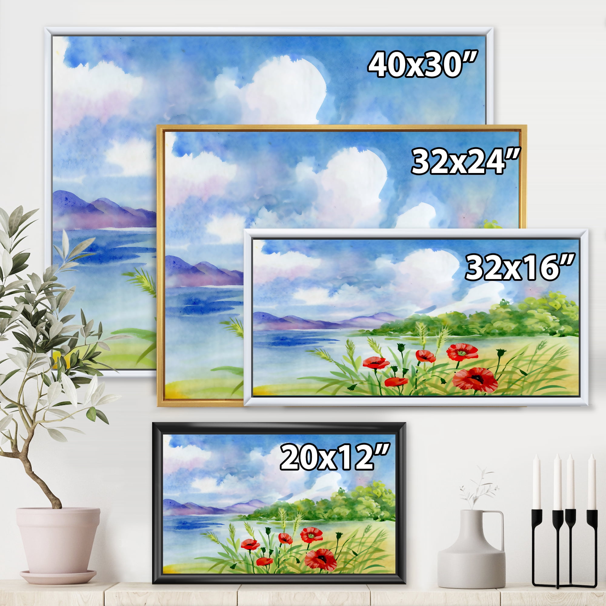 Designart 'Red Tulips On The Bank Near A River Mountain' Lake House Framed Canvas Wall Art Print