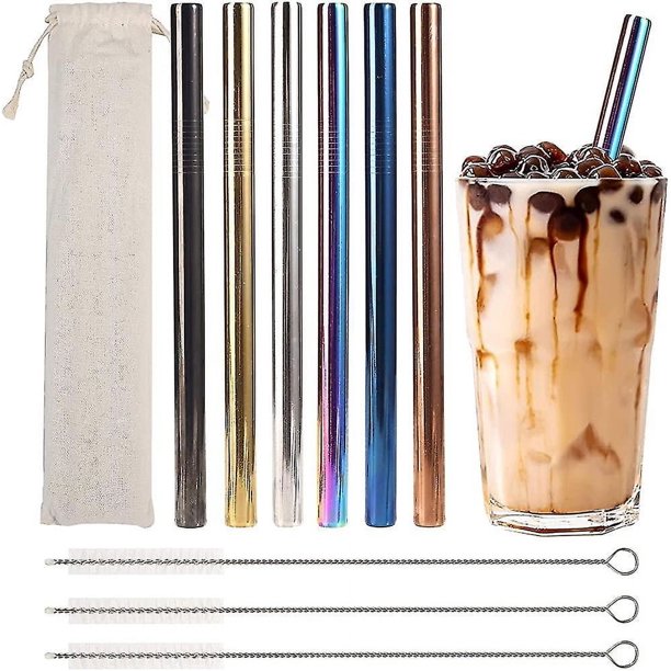 6 pajitas de té de burbujas, pajitas de acero inoxidable, pajitas de metal coloridas, 12 pajitas anchas para cuentas Boba, con 3 cepillos y 1 bolsa de transporte, reutilizables