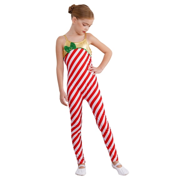 iiniim Kids Girls Christmas Candy Cane Striped Sequins Dance Unitard Jumpsuit Gymnastics Leotard Ballet Dancewear Red 14