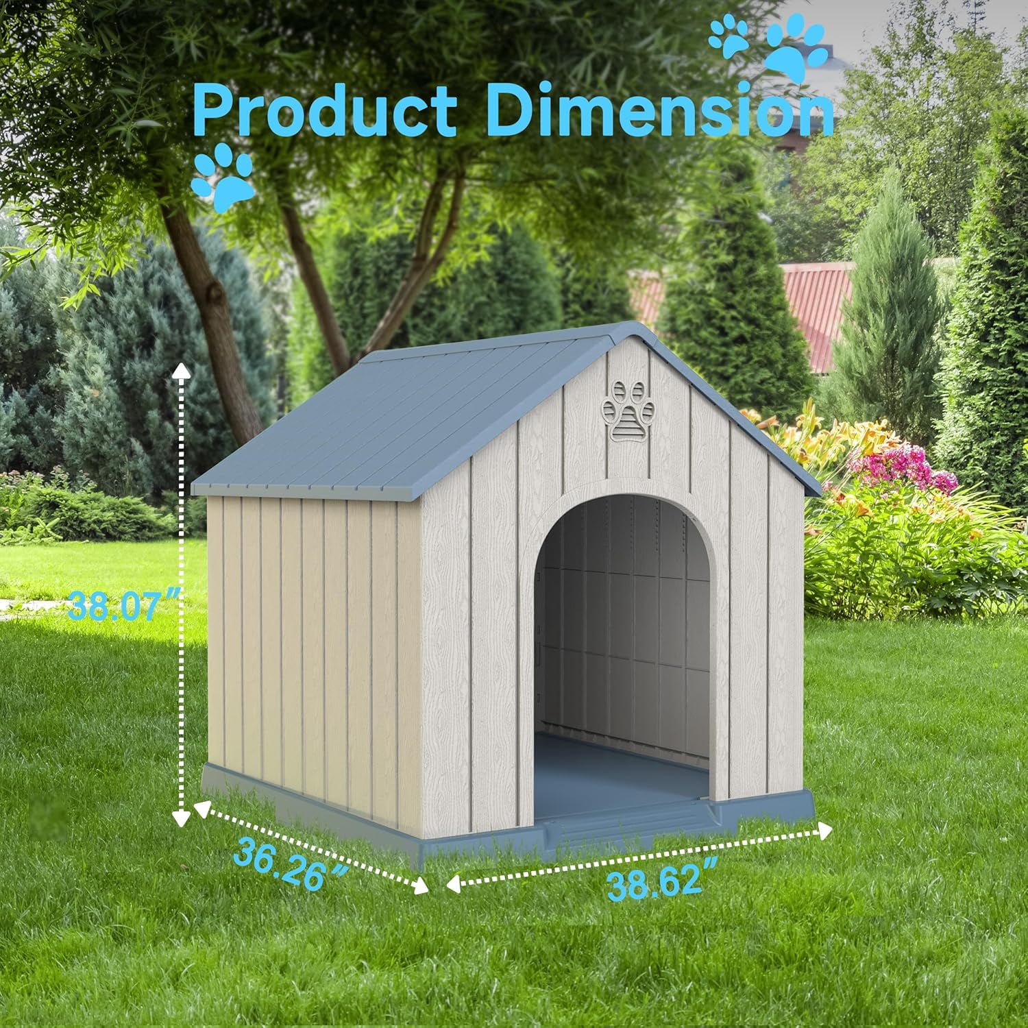 Indoor Outdoor Waterproof Dog House, PP Material, Puppy Shelter with Air Vents and Elevated Floor, Sturdy Dog Kennel for Small to Large Sized Dogs, Easy to Assemble (Blue, 38.62×36.26×38.07 Inches)​