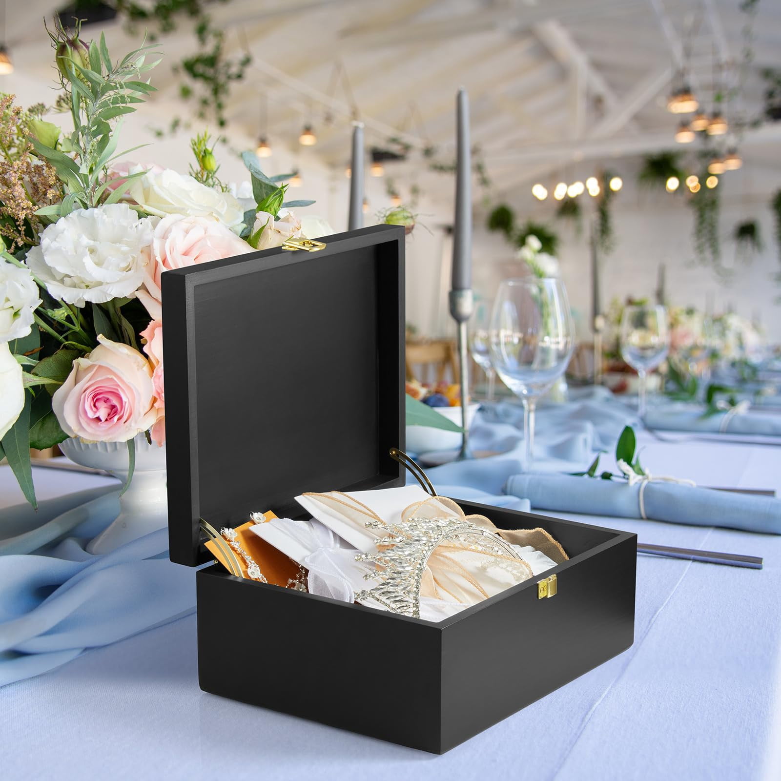 Large Wooden Keepsake Box  Black Memory Decorative Storage With Hinged Lid Card