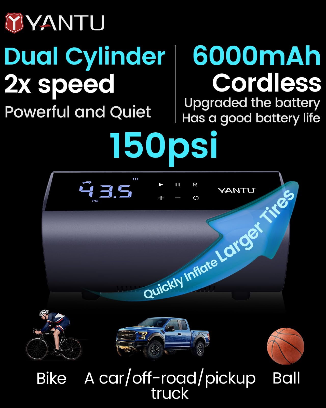 YANTU Cordless Tire Inflator Tire Pump Battery Powered, Dual Cylinder 2X Inflation,tire pressure gauge with 8.3Inch Digital Screen Portable Air Compressor Air Pump For Car Tires、