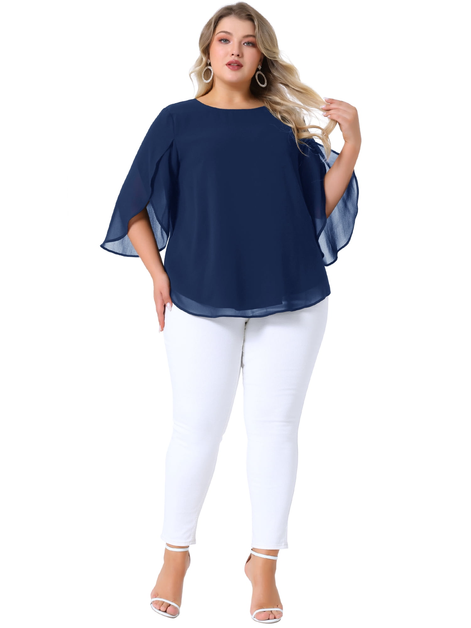 Women's Plus Blouses with Flutter Petal Half Sleeve Chiffon Top 4X Navy Blue