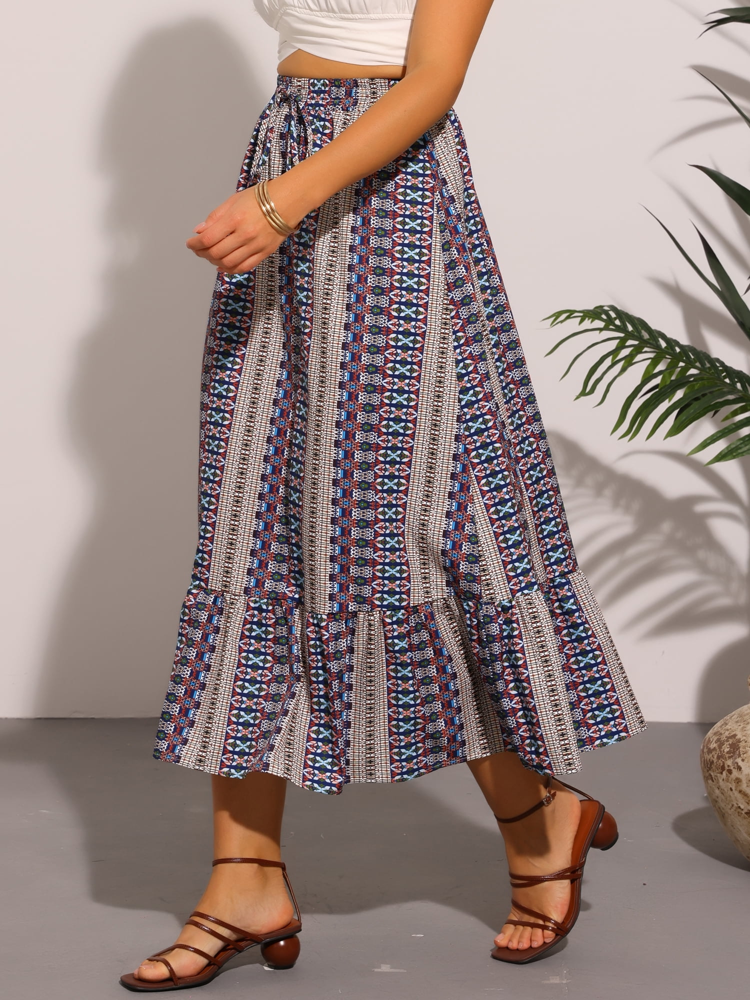 DARING DIVA Women's Elastic High Waist A-Line Spring Printed Midi Skirt XS Dark Blue