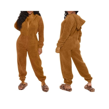 

Licupiee Women One Piece Fuzzy Warm Sherpa Hooded Pajamas Jumpsuit Zip Up Onesie Sleepwear with Bear Ear Nightwear