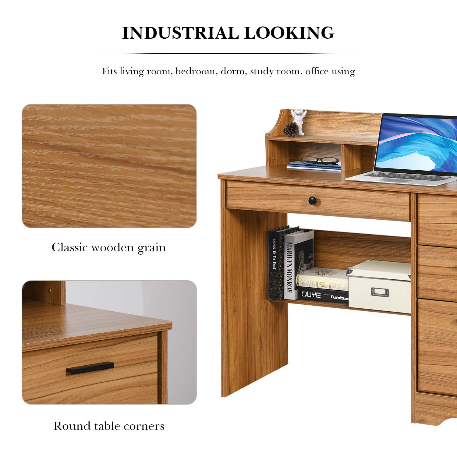 4 Ever Winner Wooden Computer Desk with Hutch Shelf and Storage, Brown