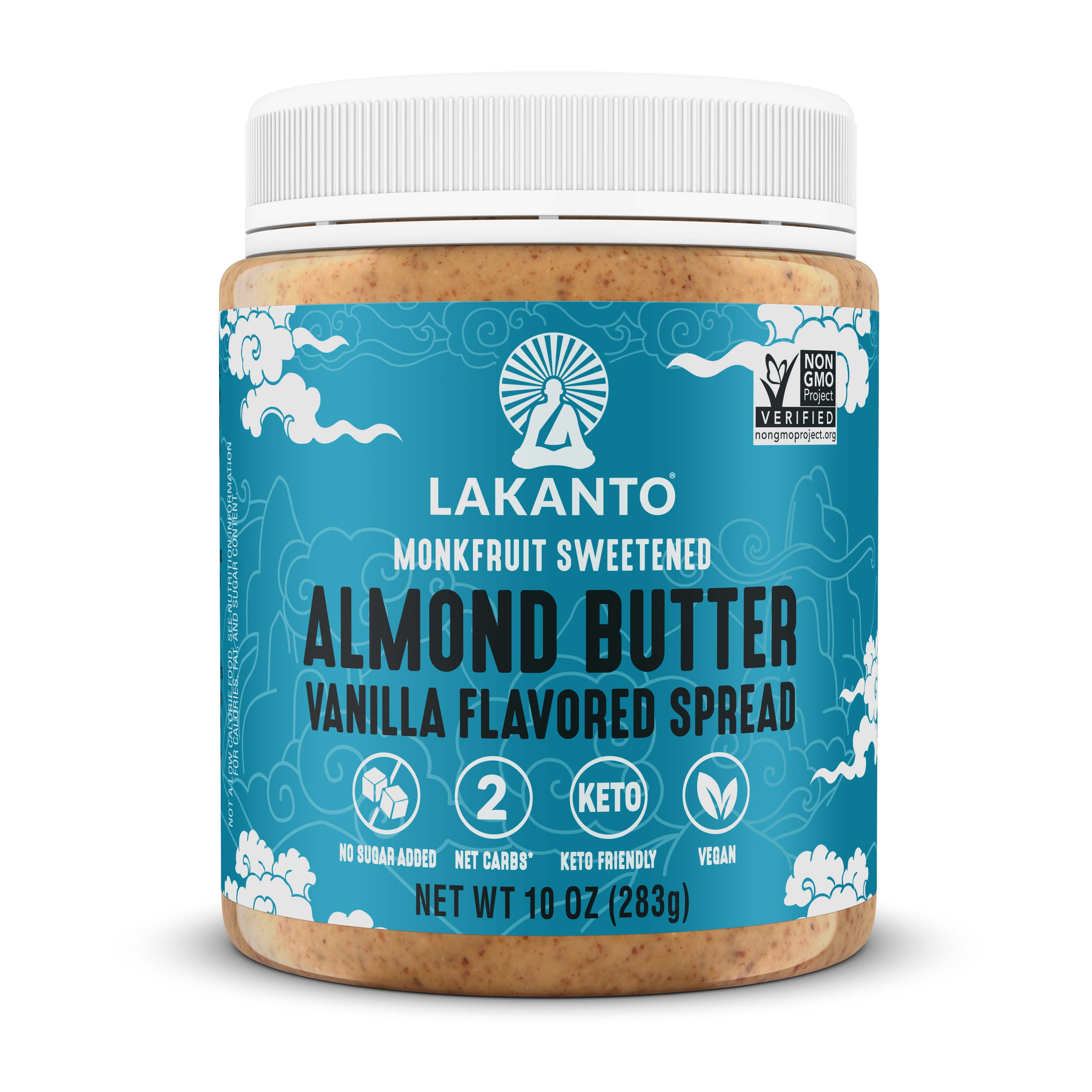 Lakanto Almond Butter Vanilla Flavored Spread - Sweetened with Monk Fruit Sweetener, Keto Diet Friendly, Vegan, 2 Net Carbs, Non GMO, Sandwiches, Toast, Smoothie, Cereal, Oatmeal, and More - 10 oz