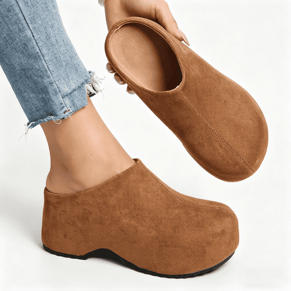 Women's Slip-On Platform Mule Clogs, Faux Suede Wedge Comfort Shoes, Casual Backless Loafers