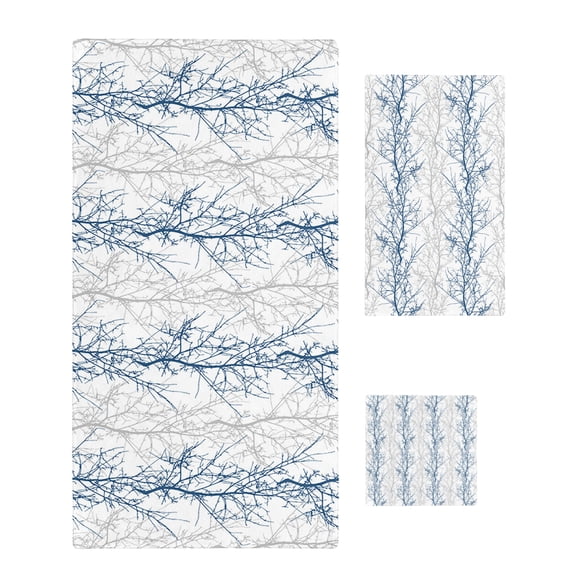 Navy Blue Grey Branch Towel Set of 3, Soft Microfiber Bath Towels, Hand Towel, Washcloths, Spring Summer Pastoral Botanical Quick-Dry Absorbent Towels for Bathroom Kitchen Hotel Beach Gym Spa