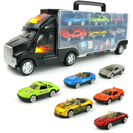 Big Mo's Toys Transport Car Carrier Truck - with 6 Stylish Metal Racing Cars - with Carrying Case