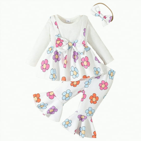 HCNTES Baby Girl Clothes Outfits Ruffle Sleeve Shirt Top and Pants Toddler 3 Piece Set Fall Winter(3-6 Months,S86-White)