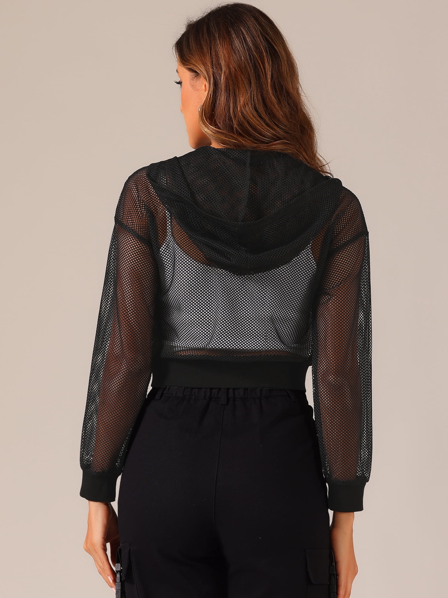 DARING DIVA Women's Stylish Zip Up Cropped Mesh Hoodie Jacket for Wear and Workouts XL Black