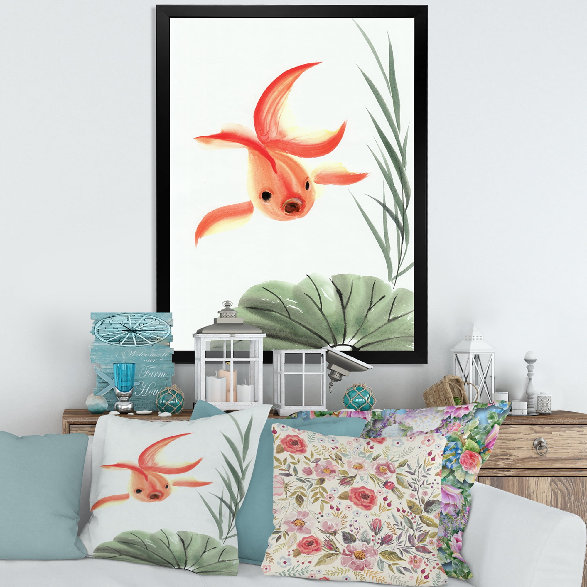 Designart 'Ancient Goldfish and The Lotus Leaf' Nautical & Coastal Framed Art Print