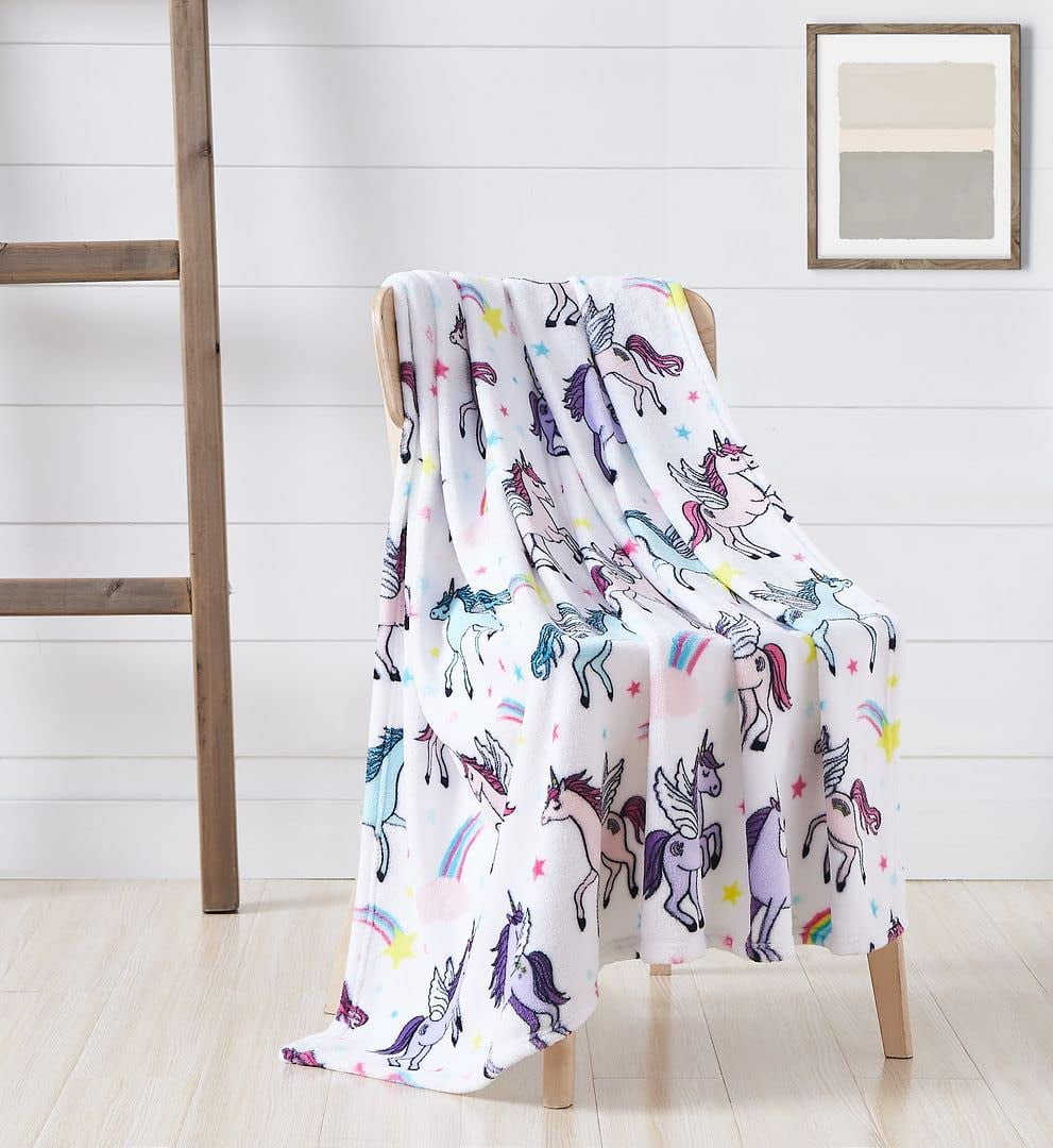 Dreams Unicorn and Shooting Stars Throw Blanket: Soft Plush Accent for Sofa Couch Chair Bed Dorm or Travel
