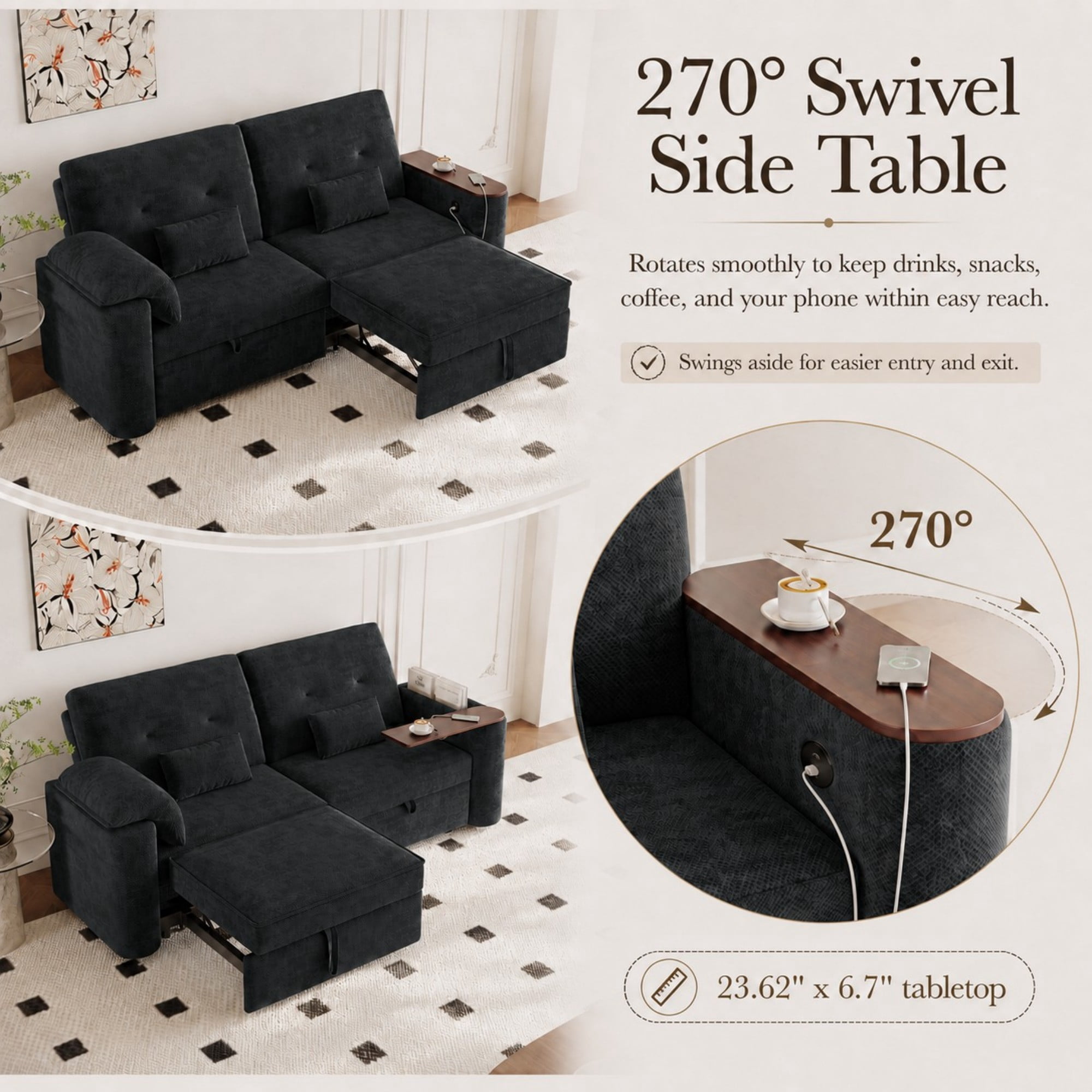 DEALTOPS 82" Chenille 3-in-1 Convertible Sleeper Sofa Bed with 270° Swivel Table & USB Ports, Black