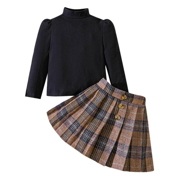 WOYY Toddler Girls Two Piece Outfits Long Sleeve Ribbed Top Plaid Skirt Set, Sizes 2-3T