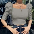 thumbnail image 3 of Mittory Women Puff Half Sleeve Square Neck Crop Top Summer Slim Fit Blouses T Shirt Casual Ribbed Shirt Basic Knit Tees, 3 of 8